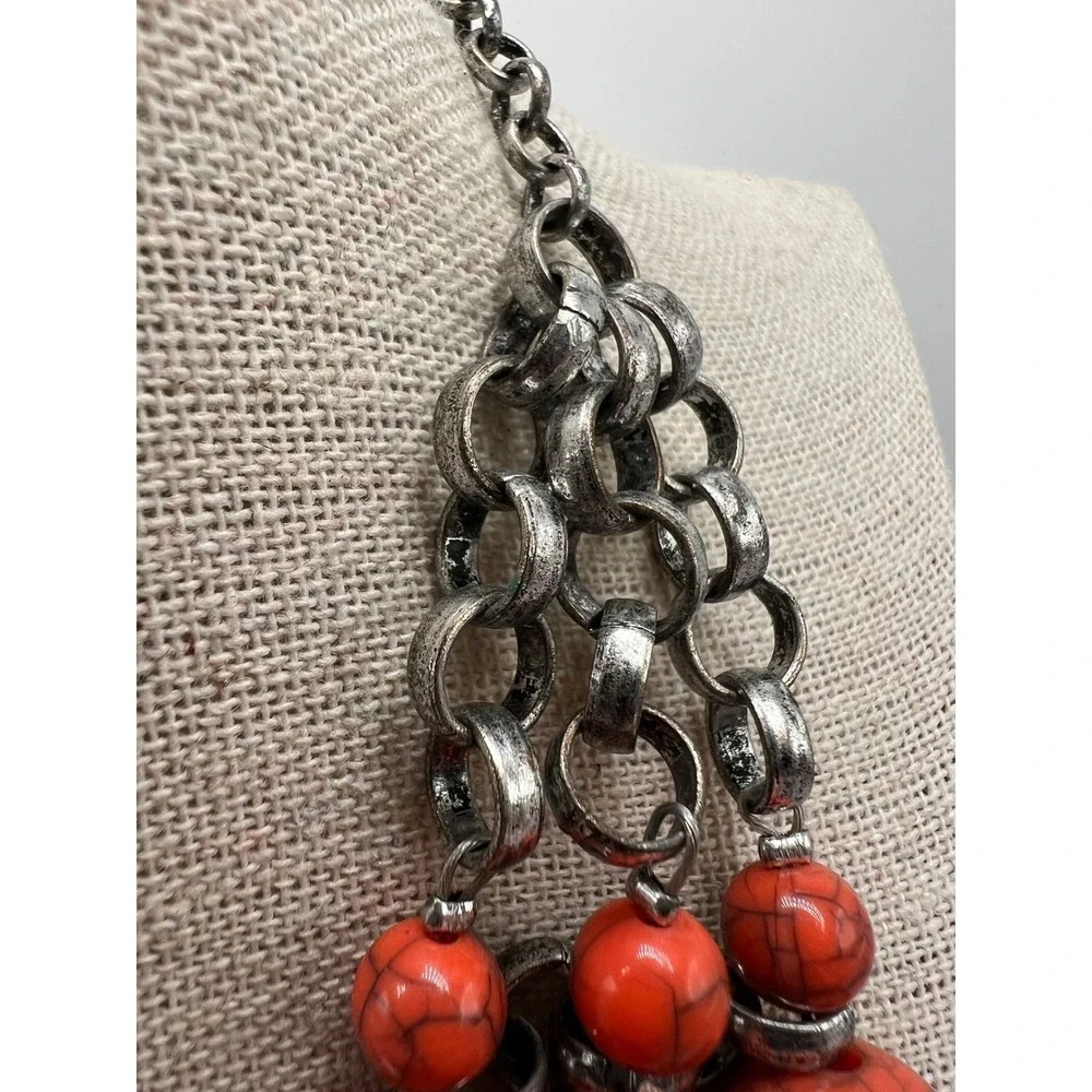 Orange Faux Stone Bib Necklace Statement Collar Boho Maximalist Acrylic Silver